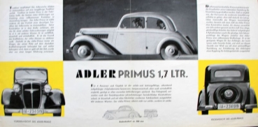 Adler Primus 1,7 Liter Modelprogram 1937 Carbrochure (7673)